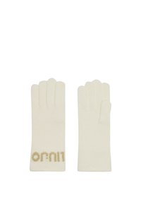 Guanti bianchi lavorati a maglia con una texture morbida, caratterizzati da un accento con logo dorato sul polso. Stile a cinque dita, design semplice.