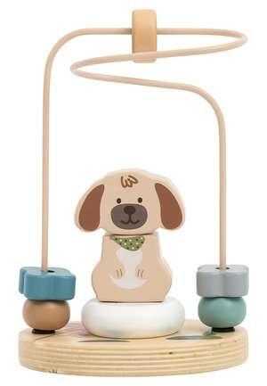 Wooden activity toy featuring a beige dog figure with a green scarf, two colored beads, and a spiral wire on a round base with floral design.