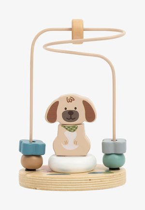 Holzspielzeug mit einer beigen Hundfigur, die einen grünen Schal trägt, zwei farbigen Perlen und einem Spiraldraht auf einer runden Basis mit Blumendesign.