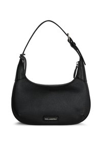 Schwarze Leder-Schultertasche mit geschwungener Form, strukturierter Oberfläche, Reißverschluss und einem Logo-Schild auf der Vorderseite. Mit abnehmbarem Tragegurt.