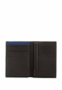 Black leather wallet with multiple card slots, a blue accent, and a zippered section for coins or small items. Smooth texture, modern design.