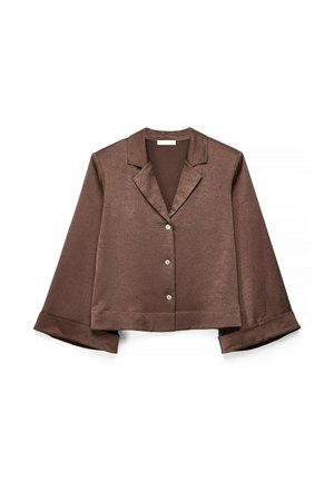 Braune kurz geschnittene Jacke mit langen Ärmeln, drei Knöpfen, breiten Manschetten und einem gekerbten Kragen, dargestellt vor weißem Hintergrund.