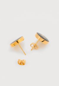 Σκουλαρίκια με μεταλλικά καρφάκια σε χρυσή απόχρωση και στρογγυλές μαύρες επιφάνειες από σμάλτο, με λείο φινίρισμα και κλείσιμο πεταλούδας. Ένα πίσω μέρος φαίνεται χωριστά.