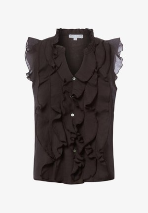 Schwarze ärmellose Bluse mit gerafftem Vorderteil und Kragen, transparenten flatternden Ärmeln und weißen Knöpfen in der Mitte.