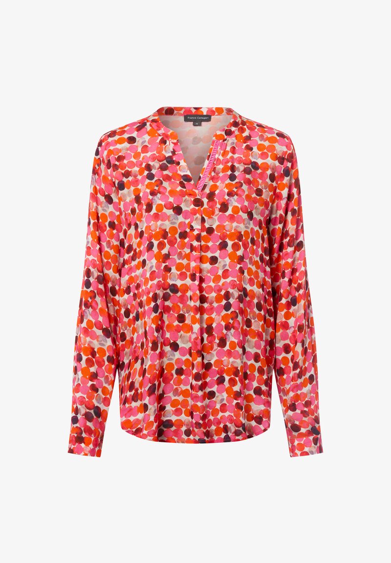 Blusa a maniche lunghe con motivo circolare rosso, rosa e arancione, scollatura a V e vestibilità comoda.