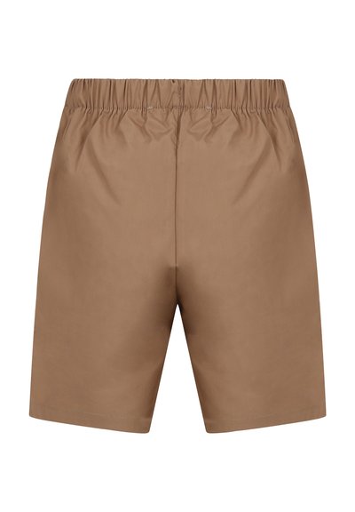 Pantaloni corti marroni con cintura elastica. Tessuto liscio, taglio dritto e senza tasche visibili o decorazioni. Design semplice.