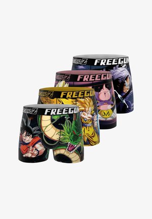 Quatre paires de boxers avec des personnages et logos de Dragon Ball Z dans des couleurs vives disposées en rangée décalée.