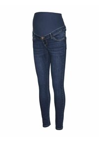 Vaqueros de maternidad en denim azul oscuro con una cintura elástica por encima de la barriga, diseño ajustado y estilo clásico de cinco bolsillos.