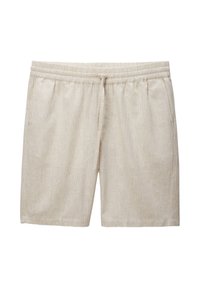 Shorts beiges avec une taille élastique, un cordon de serrage ajustable, des poches latérales et un tissu texturé comportant de subtiles rayures verticales.