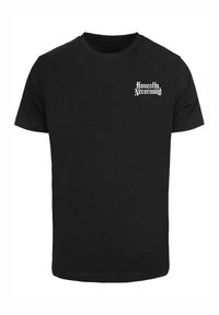 Zwarte katoenen T-shirt met korte mouwen, een ronde hals en witte tekst die "Honestly Nevermind" op het linkerkant van de borst leest.