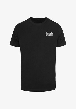 T-shirt en coton noir avec des manches courtes, un col ras du cou et un texte blanc qui indique "Honestly Nevermind" sur la partie gauche de la poitrine.