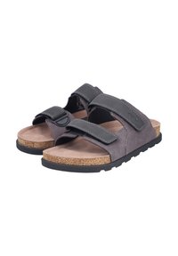 Gray suede sandals with two adjustable straps, cork footbed, and black rubber sole, featuring contrasting stitching and minimalistic design.