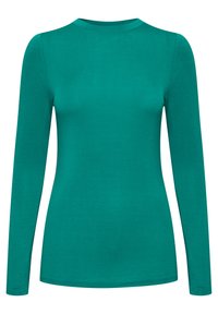 Teal långärmad skjorta med rund halsringning och en mjuk, elastisk textur. Designen är enkel, åtsittande utan ytterligare mönster eller detaljer.