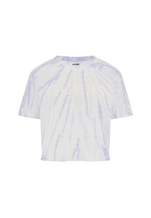 Kortärmad tie-dye t-shirt i ljusblå och vit, med rund halsringning och subtilt "GUESS"-logotypdesign. Mjuk tygkänsla.