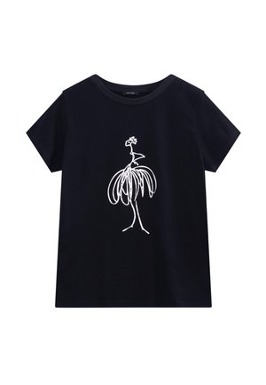 Zwarte t-shirt met korte mouwen met een witte minimalistische abstracte tekening van een staande vogel met overdreven staartveren op de voorkant.