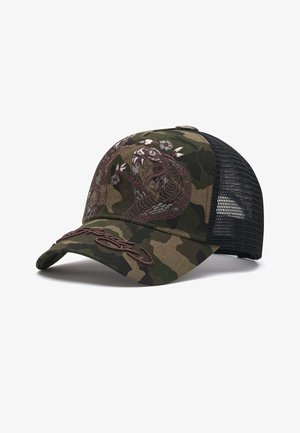 Camouflage baseball cap with black mesh back, embroidered snake and flowers on front, and cursive embroidered text on the brim.