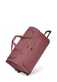 Gerollte Duffel-Tasche aus staubrosa Stoff, mit zwei Griffen, einem ausziehbaren Griff und glatten Rädern. Enthält mit Reißverschluss gesicherte Fächer.