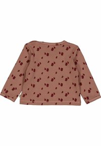 Dlouhý rukáv top v barvě nahnědlé růže s ribbovanou strukturou, zdobený rozptýleným vzorem červených bobulí. Kulatý výstřih a zakončené manžety.