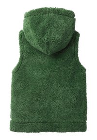 Grüne Fleece-Weste mit Kapuze, ausgestattet mit einer weichen, strukturierten Oberfläche. Ohne Ärmel, einfaches Design mit geradem Saum am unteren Ende.