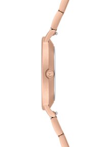 Roségoldfarbener Uhr mit einem glatten, achteckigen Gehäuse und einem verknüpften Armband. Verfügt über ein einfaches rundes Ziffernblatt und eine polierte silberne Lünette.