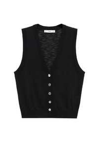 Cardigan sin mangas negro con un escote en V profundo, con frente de botones y dobladillo acanalado. Material de punto suave con una textura lisa.