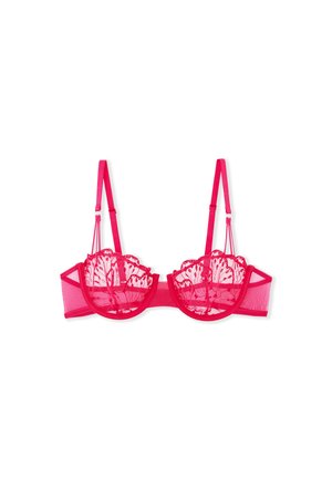 Rosa Spitzen-Bralette mit durchsichtigen Mesh-Cups, gewelltem Rand und verstellbaren Trägern. Es verfügt über einen Hakenverschluss im Rücken und ein Bügel für zusätzlichen Halt.