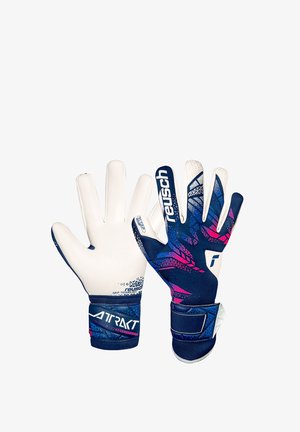 Guanti da portiere blu e bianchi con palmo testurizzato, accenti di design vivaci in rosa e blu, e cinturini regolabili per il polso.