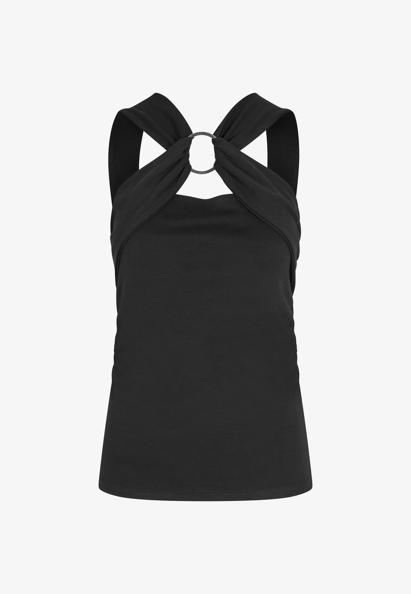 Čierna tielko s prekrúteným predným dizajnom a krúžkovým akcentom na dekolte. Vyrobené z mäkkej látky s priliehavým strihom.