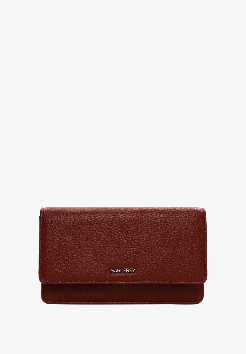 Brown leather wallet with a textured finish, fold-over design, and a metal logo accent. Compact size suitable for carrying essentials.