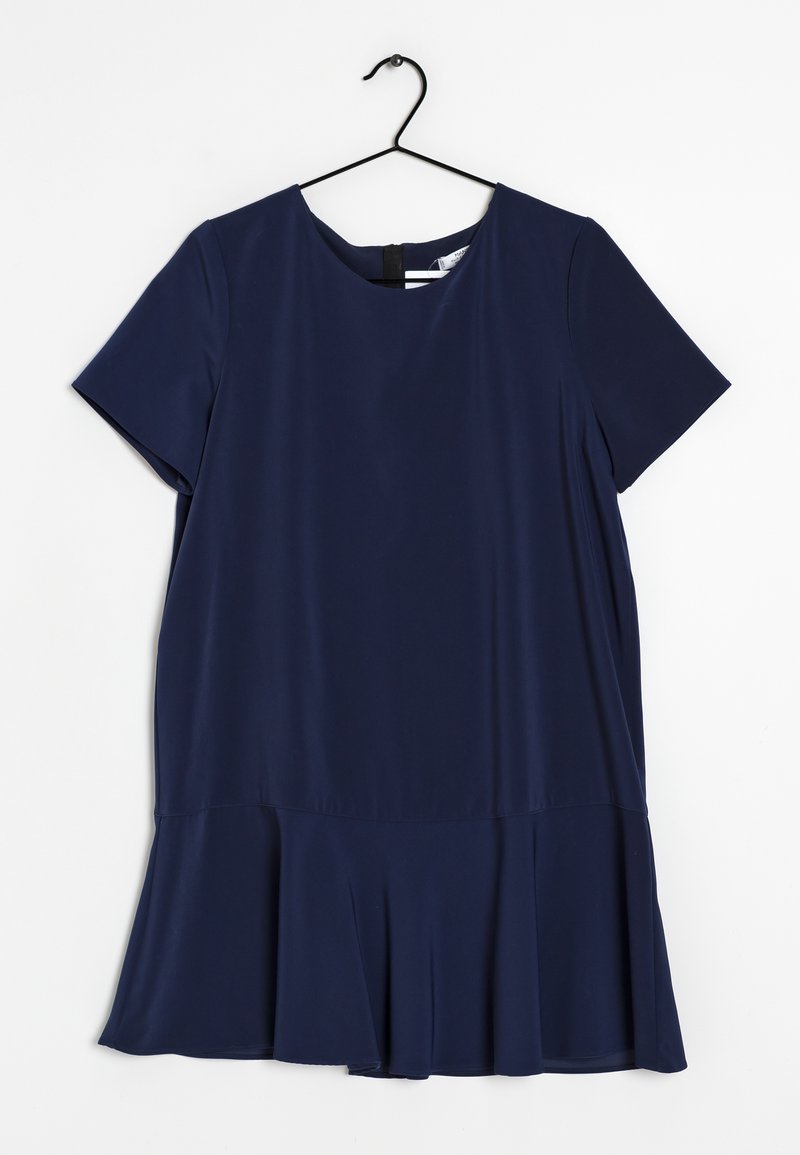Navyblaues kurzärmliges Kleid aus glattem Stoff, mit ausgestellt geschnittenem Saum, rundem Halsausschnitt und Rückenverschluss mit einer kleinen Schlaufe.