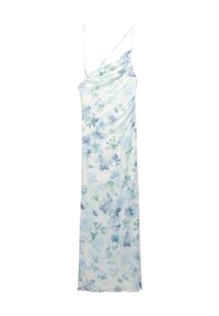 Blumenkleid mit dünnen Trägern; besteht aus einem weichen, transparenten Stoff in sanften Blau- und Grüntönen. Drapierter Schnitt mit fließender Silhouette.