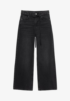 Czarne szerokie dżinsy z przednimi kieszeniami, szlufkami na pasek, zapięciem na guzik, rozpięciem na suwak oraz czarnym sznurkiem w pasie.