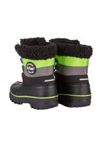 Czarne i zielone wodoodporne buty z kołnierzem wyłożonym futrem, gumową podeszwą, dwoma szarymi paseczkami i okrągłym logo z tyłu.