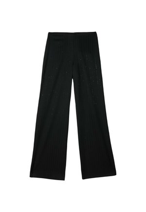 Sorte bukser med vid ben lavet af ribbet stof, med højt taljebånd og diskrete lodrette striber med små perforeringer.