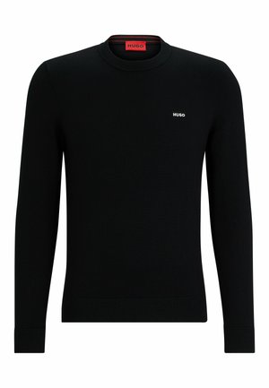Black sweater made of a soft fabric. Features a classic round neck and long sleeves. Small white "HUGO" logo on the chest. Ribbed cuffs and hem.
