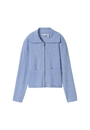 Hellblaues Zip-Jackett mit kragenförmigem Halsabschluss, zwei Fronttaschen und einem weichen, strukturierten Stoff. Mit einem cropped Design und langen Ärmeln.