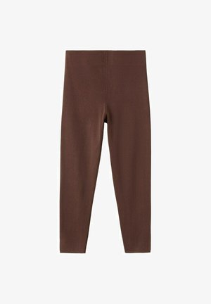 Leggings marrones de talle alto y largo completo, fabricados con una tela lisa y elástica con diseño sin costuras.