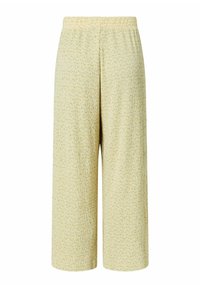 Pantalon ample taille haute couleur crème avec de fines rayures verticales et de petites taches multicolores, doté d'une ceinture élastique.