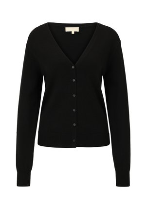 Sort cardigan med V-udskæring, knaplukning ned foran, lange ærmer, ribbede manchetter og kant. Blød tekstur, letvægtsstof.