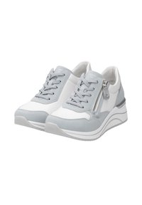 Schnürschuhe aus weißem und hellgrauem Leder, ausgestattet mit einem seitlichen Reißverschluss, strukturierten Akzenten und einer gepolsterten weißen Gummisohle.