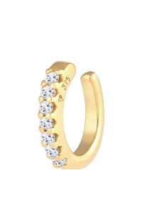 Guld ørklemme med et buet design og syv indlagte klare krystaller langs den ene side, mærket "375." Glat, poleret overflade.