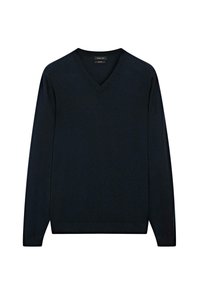 Marineblaues V-Ausschnitt-Pullover aus weichem Stoff, mit langen Ärmeln und gerippten Bündchen und Saum für eine taillierte Optik.