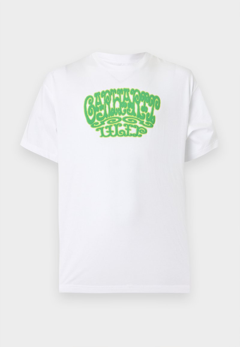 T-shirt bianca a maniche corte con scritta verde stilizzata "CAMPAYOTIC" stampata sul petto su uno sfondo semplice.