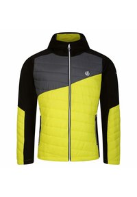 Herrenjacke mit einem gesteppten Design in Grau und leuchtendem Gelb mit schwarzen Akzenten, einer Kapuze, durchgehendem Reißverschluss und Seitentaschen. Wasserabweisendes Material.