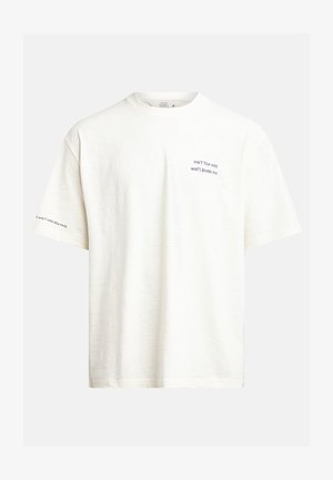 White short-sleeve t-shirt made of soft fabric. Features printed text on the front and sleeve. Relaxed fit, round neck design.