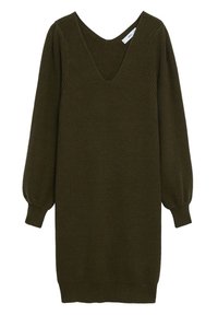 Robe en tricot vert olive foncé avec un décolleté en V profond et de longues manches bouffantes avec des poignets ajustés.