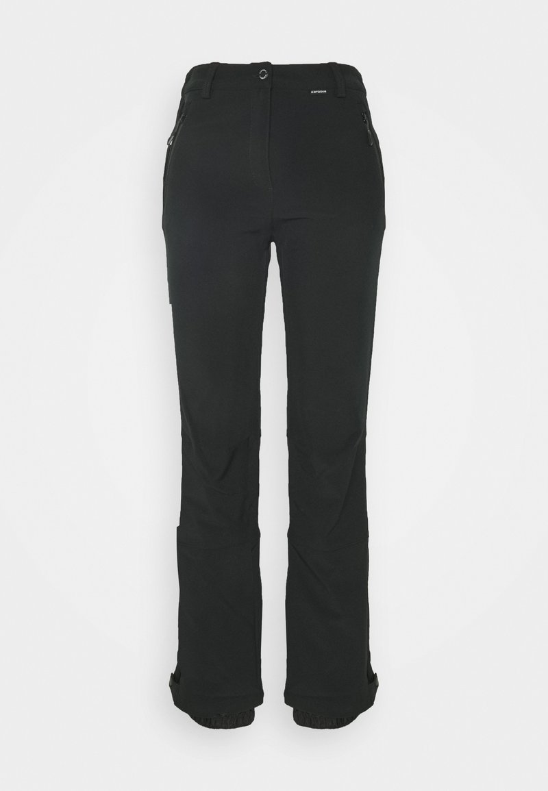 Czarne spodnie wykonane z elastycznego materiału, o dopasowanym kroju, płaskim pasie, kieszeniach na zamek oraz elastycznych mankietach przy kostkach.