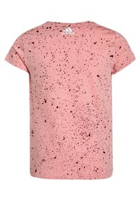 Rosa T-shirt med kort ärm, prydd med ett fläckigt mönster i mörkröd. Tillverkad av mjukt material, försed med en vit logotyp på ryggen.
