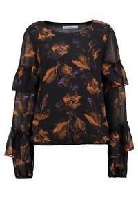 Blouse noire à motif floral orange et violet, avec tissu transparent et manches à volants. Encolure ronde et détails froncés à l'ourlet.