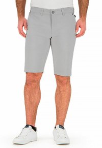 Light gray shorts with a straight cut, featuring a flat front, belt loops, and side pockets. Smooth fabric with a subtle sheen.